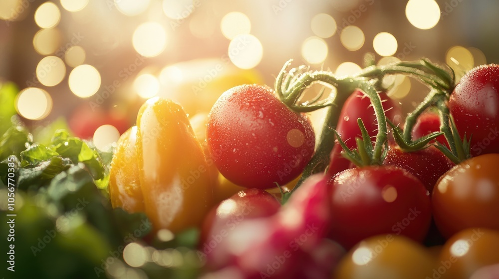 Poster close up of fresh tomatoes peppers and radishes featuring a bokeh light effect a vibrant and healthy