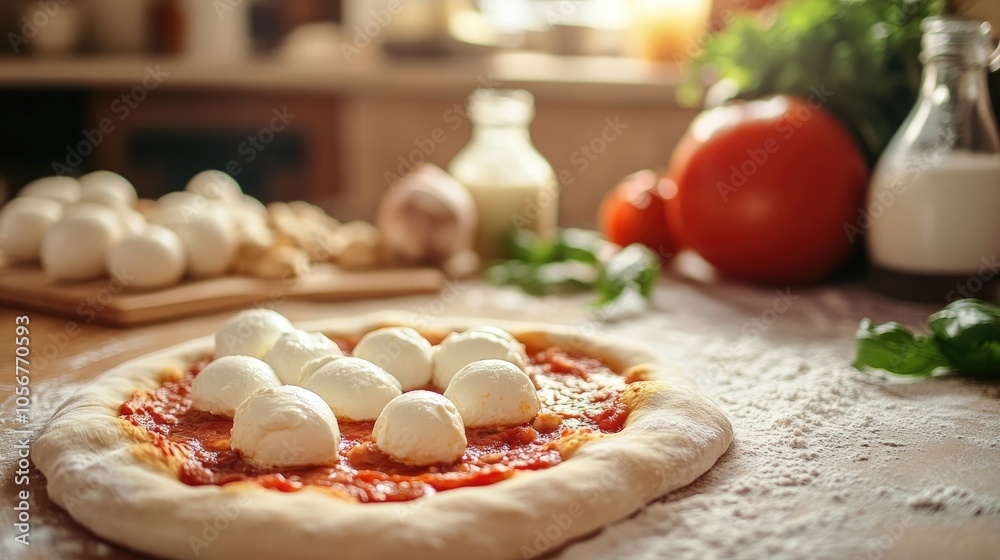 Aufkleber close up of a whole pizza with fresh mozzarella cheese blurred ingredients on the dough in the backg