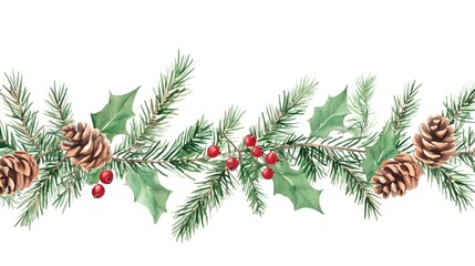 Watercolor Christmas Garland with Green Pine Branches, Red Berries, and Brown Cones, Vintage Illustration on White Background, Perfect for Holiday Decor and Seasonal Designs