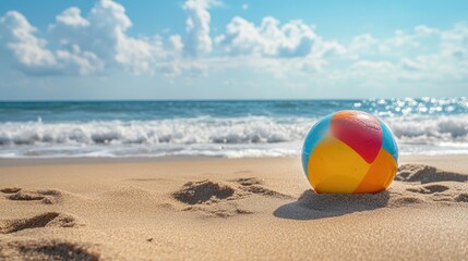 Obraz premium Vibrant Multicolored Beach Ball Resting in Soft Sand with Gentle Ocean Waves and Tranquil Coastal Vibe on a Sunny Day
