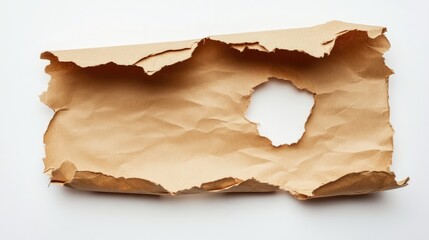 Torn brown paper with a hole on a white background