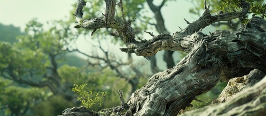 Fototapeta premium Old Grey Rough Tree Trunk View With Sharp Throne Shrub Tree Branches With Sharp Pierced Thrones With Green Landscape