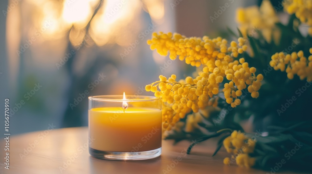 Poster Close up of a decorative aroma candle placed on a table alongside mimosa creating an inviting and serene atmosphere