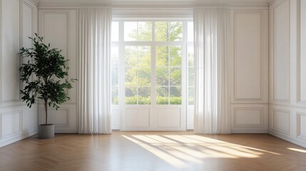 Fototapeta premium Spacious living room featuring a large bright window with curtains closed door white walls and hardwood flooring in a contemporary setting