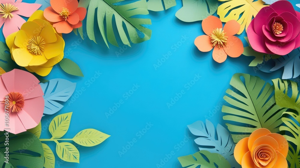 Poster top view of vibrant paper cut flowers and green leaves against a blue backdrop featuring ample empty