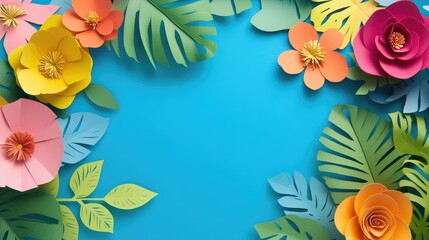 Fototapeta premium Top view of vibrant paper cut flowers and green leaves against a blue backdrop featuring ample empty space for text