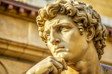 Sunlit marble statue with a pensive expression, against an outdoor setting with copy space. Captures the timeless elegance of classic sculpture in natural tones.