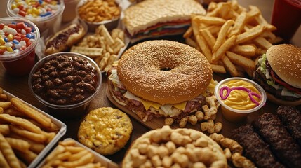 Assorted unhealthy snacks and fast food displayed on a table in closeup showcasing various types of takeaway options