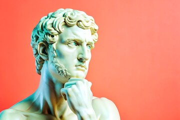 Detailed marble statue against an orange backdrop with ample copy space, showcasing the beauty of classical art with a modern, vibrant twist. 