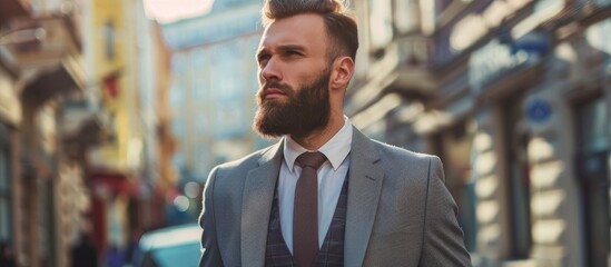 Obraz premium Attractive Man In The Street Wearing British Elegant Suit Young Bearded Businessman With Modern Hairstyle In Urban Background