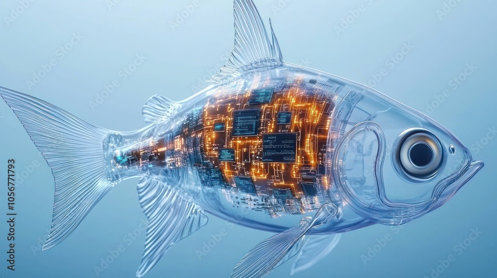 Poster futuristic concept of a transparent fish with integrated technology illustrating the fusion of natur