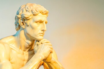Side view of a marble statue of a man in deep thought with hands clasped, warm lighting, and neutral background. Copy space 
