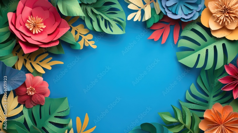 Poster top view of vibrant paper cut flowers and green leaves against a blue backdrop featuring ample empty