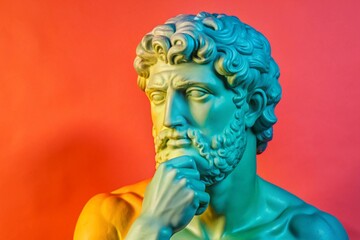 Marble statue of a thinking man with dramatic lighting on red-orange background. Copy space on the side for text or design.