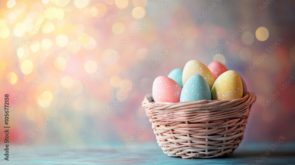 Poster vibrant easter eggs in a woven basket set against a colorful backdrop soft pastel shades of easter e