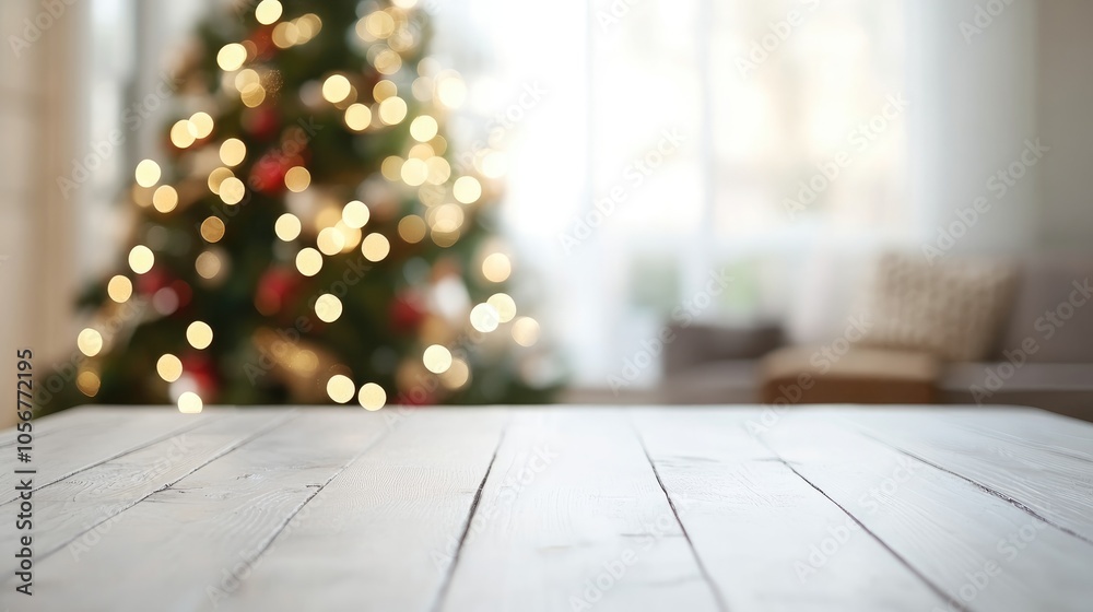 Aufkleber blank white table with a blurred christmas tree in the background featuring ample copy space