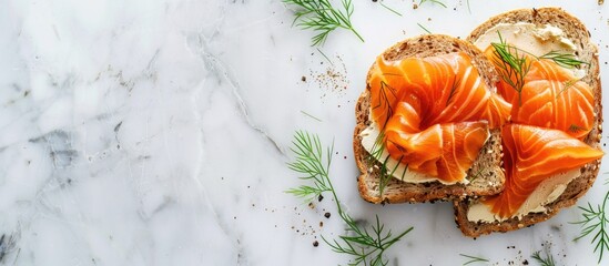 Wholemeal Rye Small Toast With Salted Smoked Salmon With Green Dill Closeup On Light Marble Background