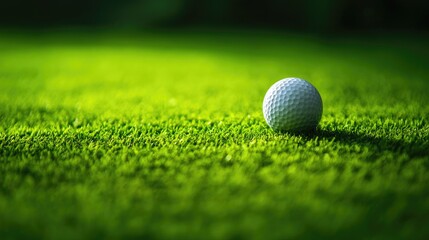 Obraz premium Golf ball resting on grass with a vibrant green backdrop emphasizing the sporting theme