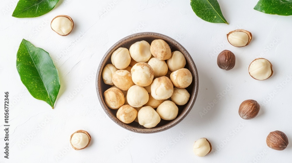 Poster top view of organic macadamia nuts on a white table