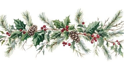 Watercolor Christmas Garland with Green Pine Branches, Red Berries, and Brown Cones, Vintage Illustration on White Background, Perfect for Holiday Decor and Seasonal Designs