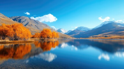Naklejka premium Stunning autumn landscape featuring a serene lake surrounded by mountains and a clear blue sky High quality image