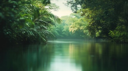 Obraz premium Blurred image depicting a serene natural backdrop featuring water and lush vegetation