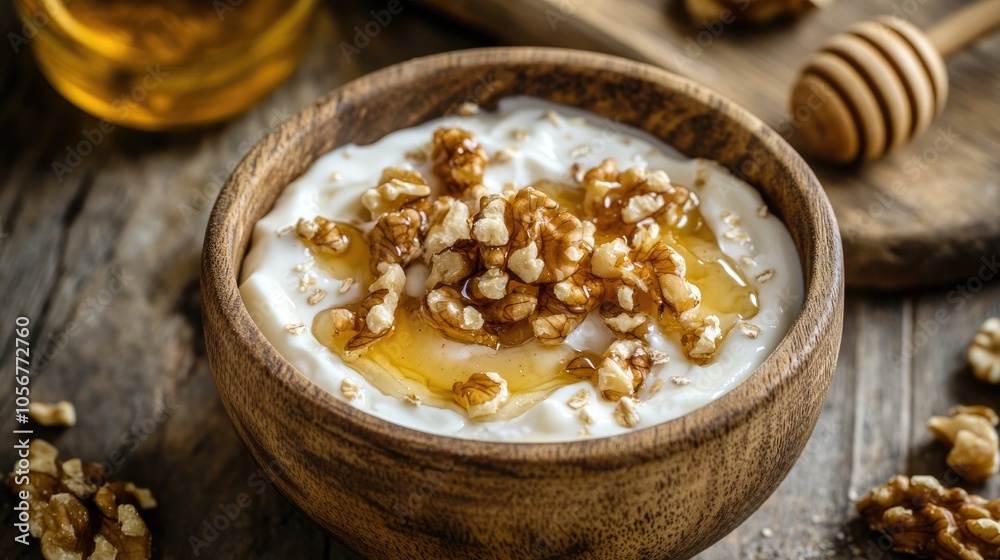Poster greek yogurt topped with honey and walnuts in a bowl nutritious breakfast option