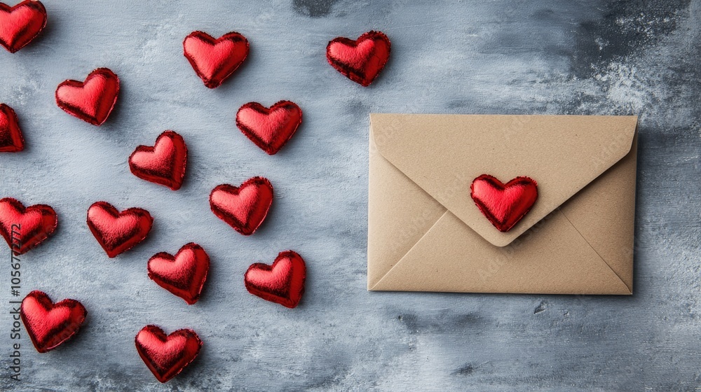 Poster valentine s day backdrop featuring an envelope a paper card and an assortment of red hearts perfect 