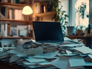 A disorganized workspace featuring a laptop surrounded by stacks of paperwork.