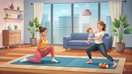 Obraz premium Sports and motherhood. Mother engaged with child girl in fitness at home, woman training with her baby daughter on mat in living room 