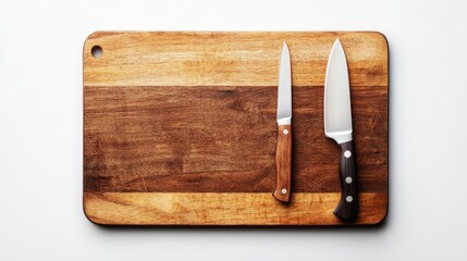 Wooden cutting board and knife set against a white backdrop
