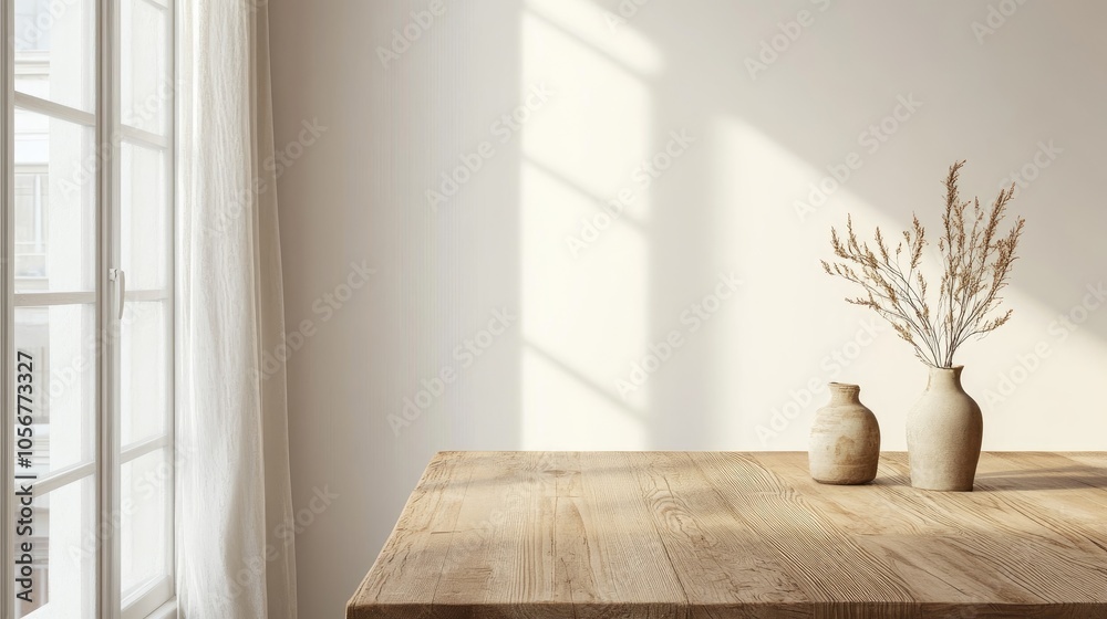 Poster Empty wooden table serves as a versatile surface for multiple uses featuring a neutral color scheme complemented by a white wall and abundant natural light from a nearby window