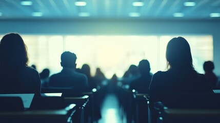 View of attendees at a conference hall or seminar emphasizing themes of business and education