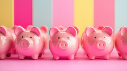 Collection of pink piggy banks against a vibrant backdrop