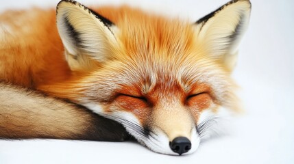 Fototapeta premium Close up shot of a sleeping red fox captured against a white background