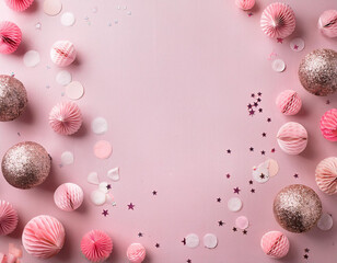 Fototapeta premium Whimsical Pastel Celebration Delicate Confetti and Sparkles in Flat Lay Style