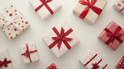 Fototapeta premium Assortment of wrapped gifts against a white backdrop representing festive holiday celebrations