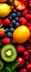 Obraz premium Vibrant assortment of fresh fruits showcasing nature's bounty with strawberries raspberries lemons blueberries kiwi and more for a colorful culinary experience