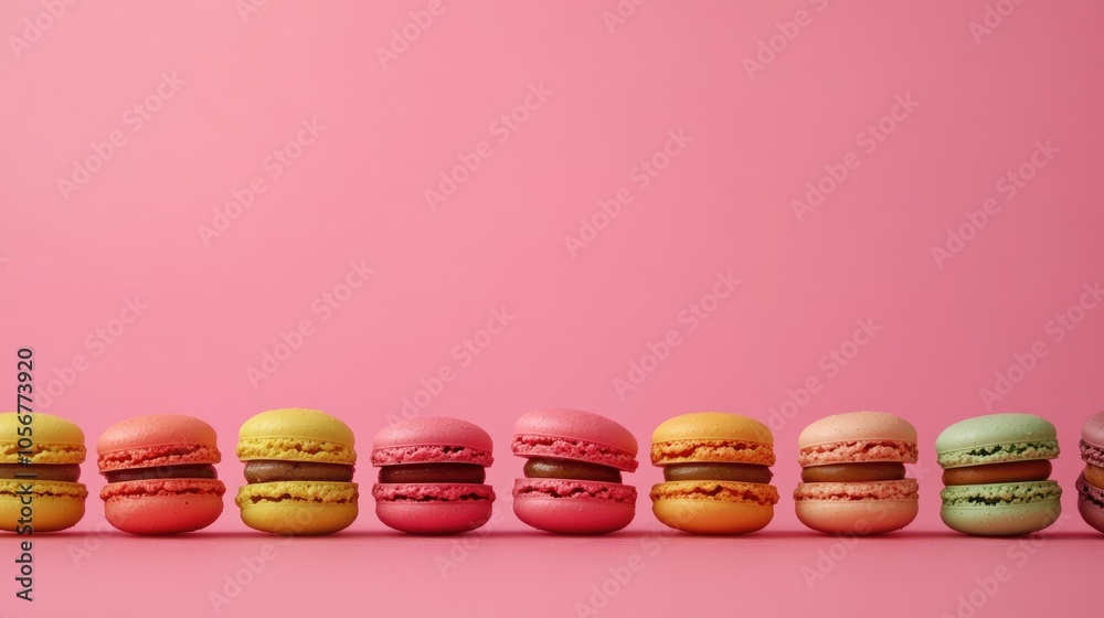 Poster Vibrant selection of colorful macarons lined up food backdrop ample space for text