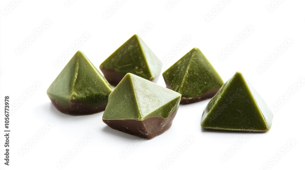 Poster luxury pyramid shaped chocolate candies featuring a geometric triangular design in green handmade co