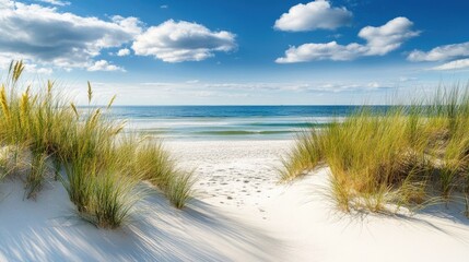 Sandy dunes adorned with grasses offering a picturesque view of a calm beach and ocean