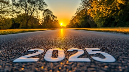 High definition stock photo of the word "2025" written on a smooth asphalt road at sunset, symbolizing new beginnings and setting goals for the upcoming year.