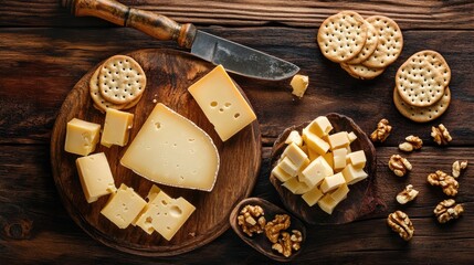 Tasty Dutch gouda cheese accompanied by cheese blocks crackers walnuts and a unique knife on a rustic wooden table