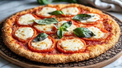 Keto friendly pizza featuring a mozzarella and tomato crust with a cheesy filling complemented by a low carb cake made from almond flour and mozzarella