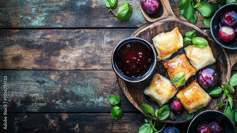 Poster plum dumplings served with plums and plum sauce on a rustic wooden surface