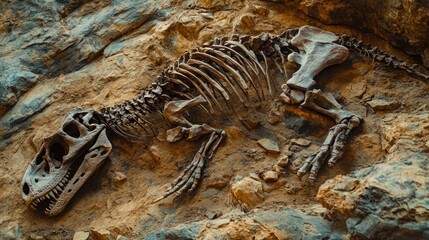 Naklejka premium Fossilized remains of a prehistoric dinosaur within rock showcasing bones of an extinct species