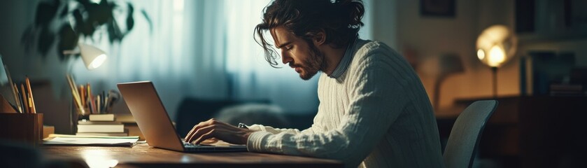 Freelancer Working at a Modern Wooden Desk with Natural Lighting and Motivational Decor, Inspiring Home Office Setup for Productivity and Creativity