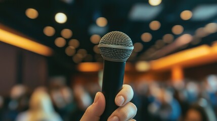 An enthusiastic participant posing a question during a Q A session at a business event with a blurred background and ample copy space