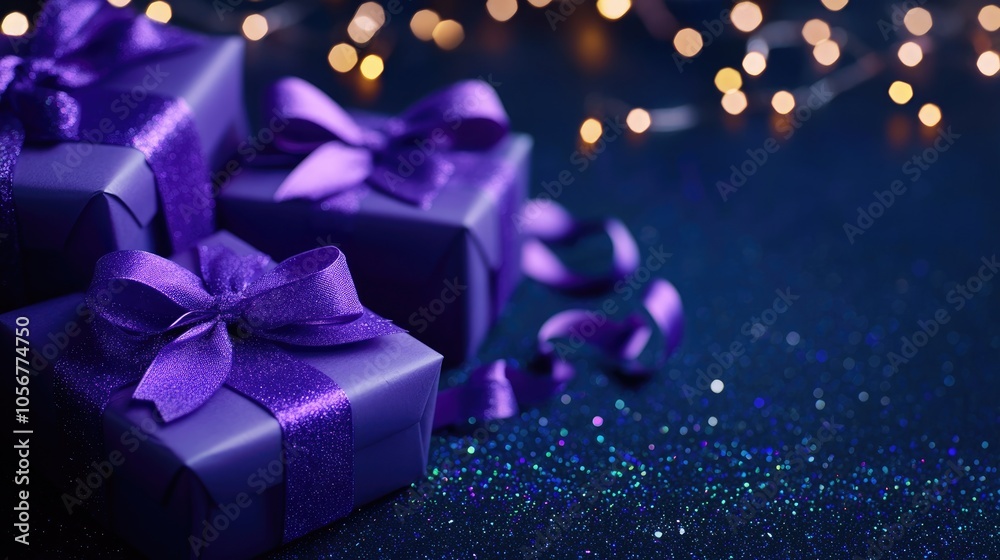 Poster elegant purple gift boxes adorned with violet ribbon bows set against a dark blue backdrop featuring