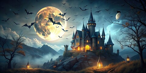 Under a chilling night sky, a spooky castle stands surrounded by fluttering bats, setting an eerie scene ideal for Halloween décor and festive autumn celebrations.